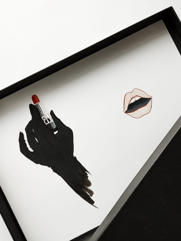 Dior Rouge lipstick sketch with gloved hand and lips