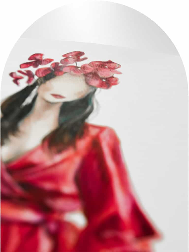 close up of woman in red dress and headpiece by hanli