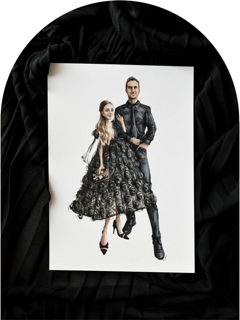 fashion illustration of couple in black by hanli