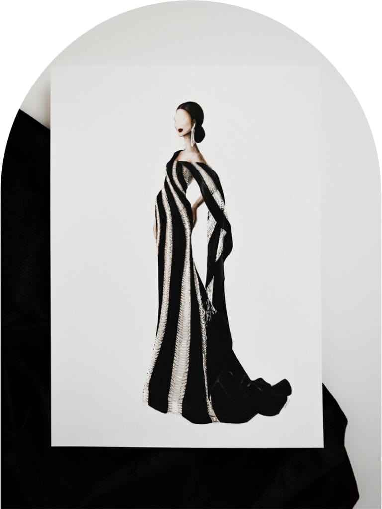 fashion illustration of natasha joubert miss univers gown