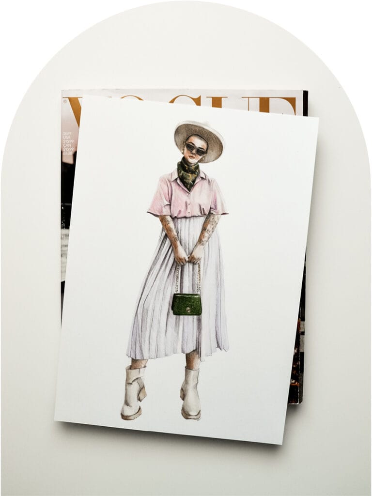 fashion illustration of woman in pleated skirt and rimmed hat by hanli