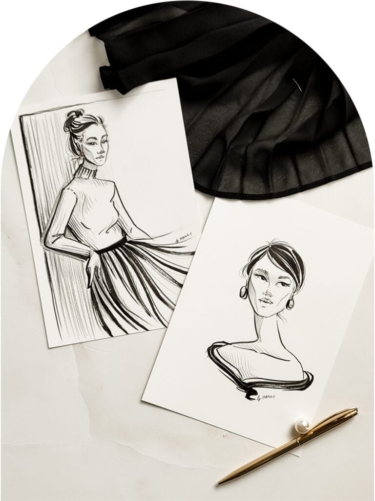 fashion portrait illustrations with gold pen dome