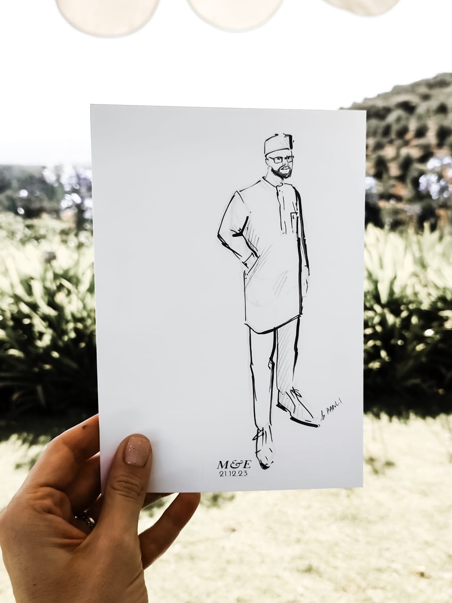 live event sketch of male guest at event by Hanli