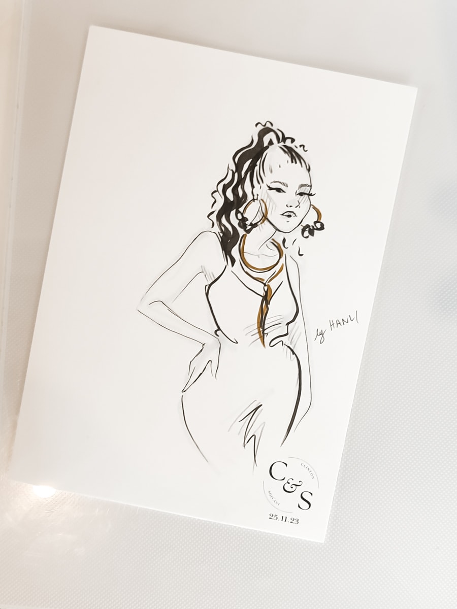 Live event portrait sketch of woman at event by Hanli