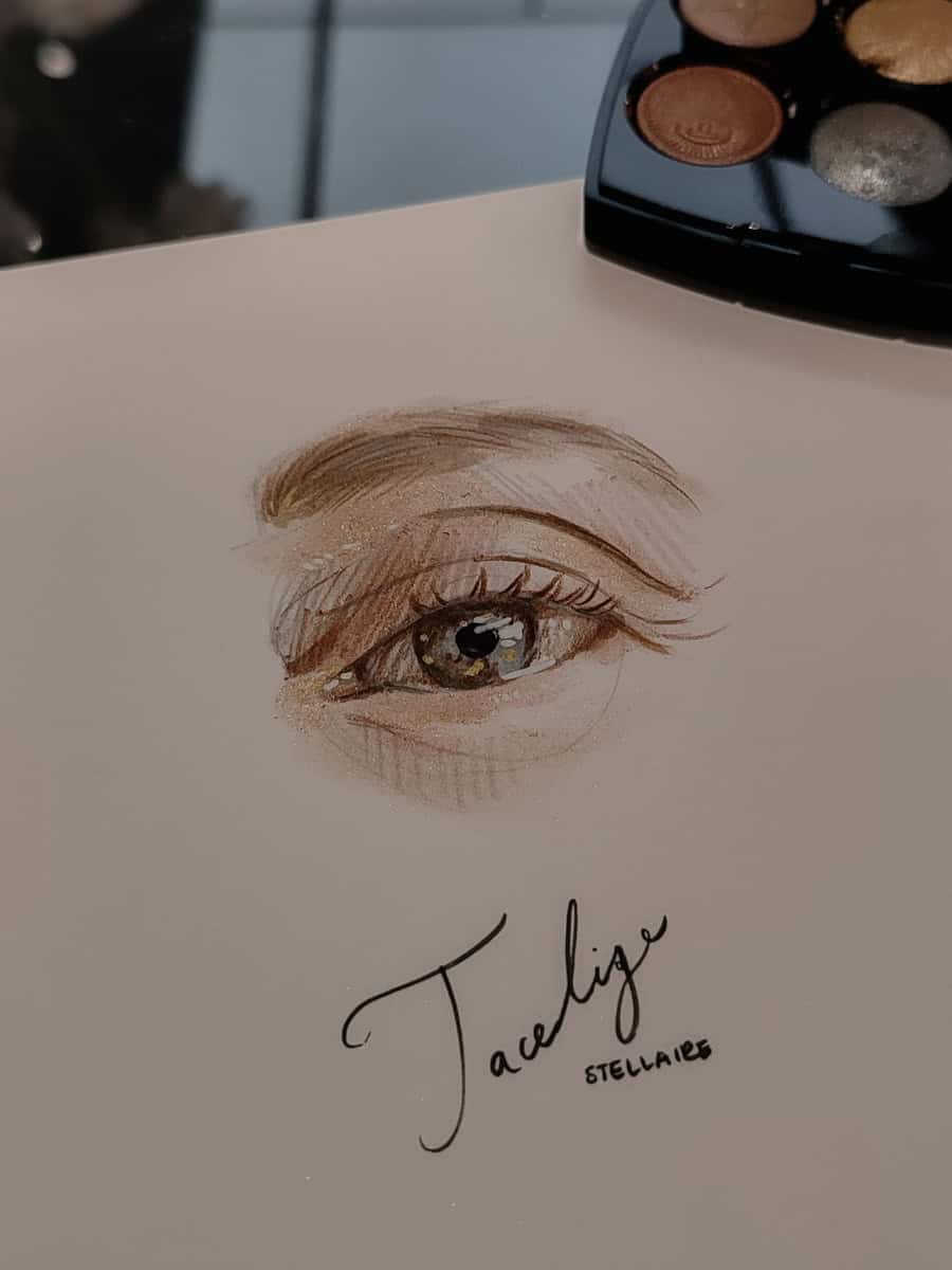 Live In Store Chanel Event sketch of a guest's eye using a newly launched Chanel eyeshadow palette with markers and pencil. In Cape Town by artist Hanli
