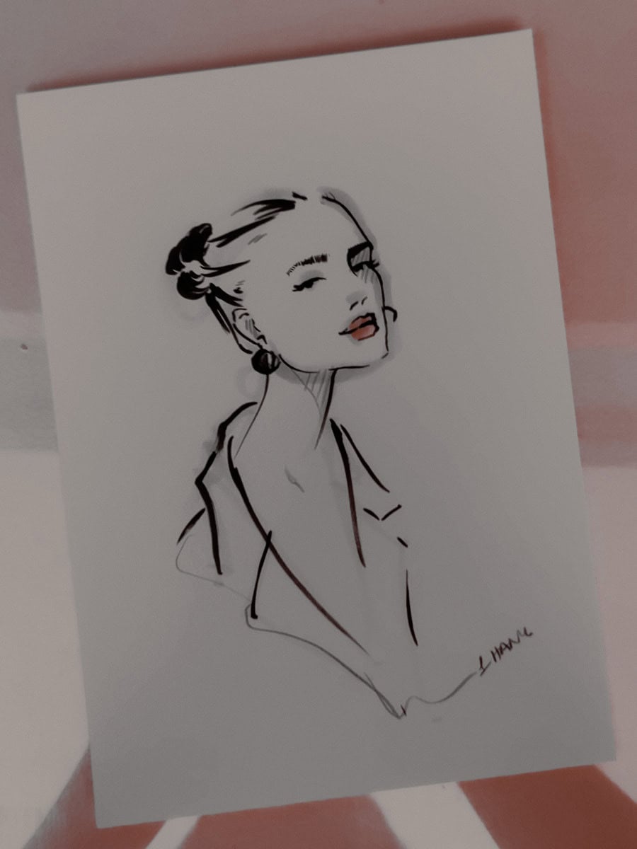 Photo of a fashion portrait illustration of a guest sketched live at Woolworth's festive product launch in Cape Town. Artist BY HANLI