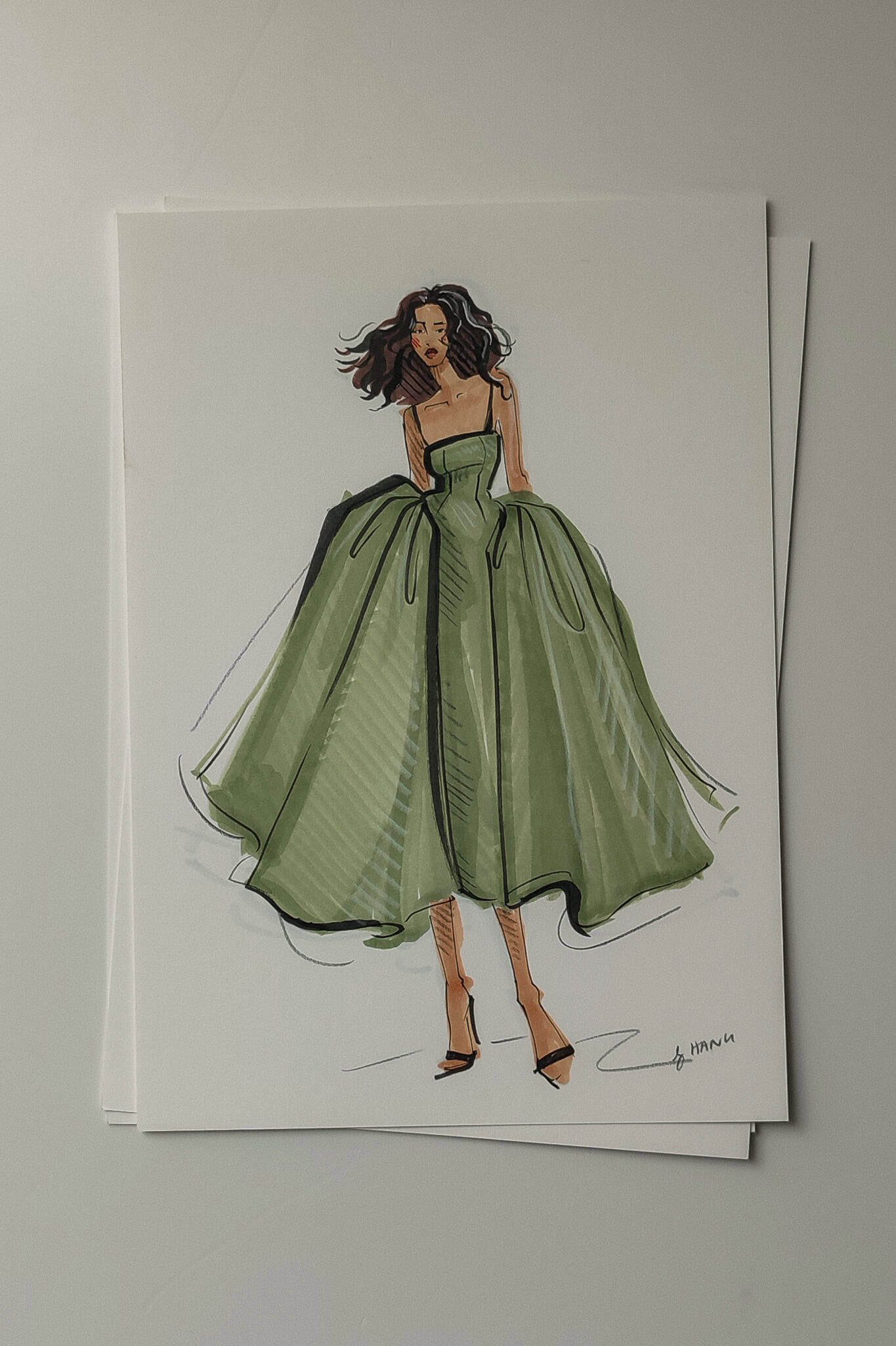 Example sketch of a live event fashion illustration in full colour by artist Hanli