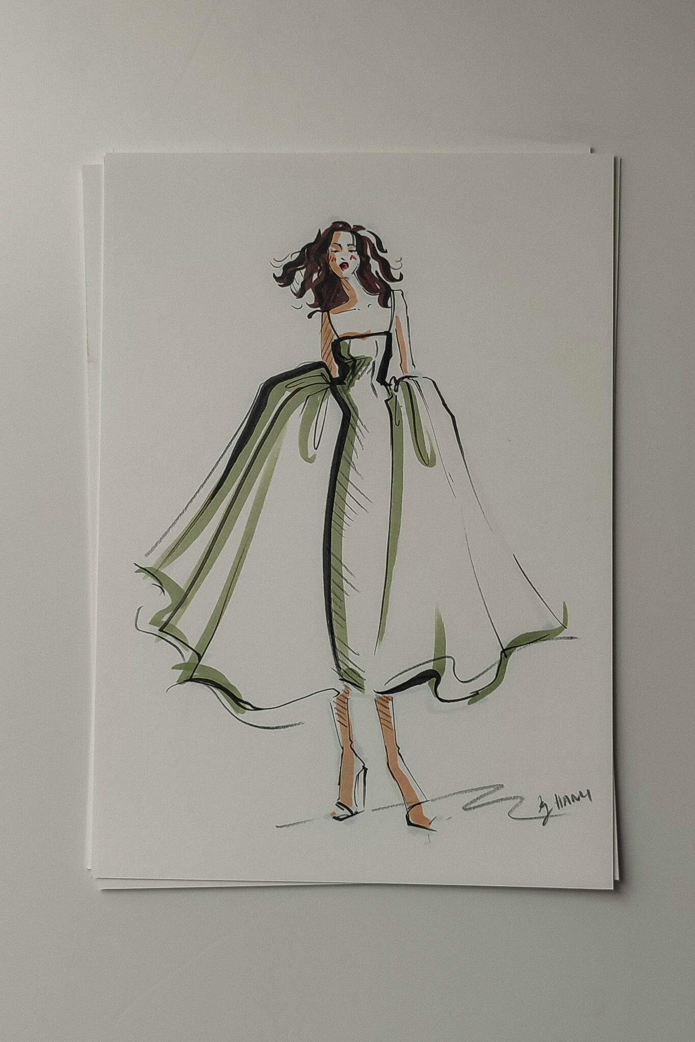 Example sketch of a live event fashion illustration in minimal colour by artist Hanli