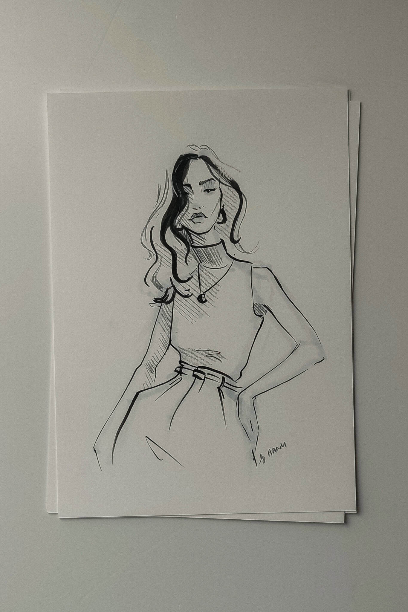 Example sketch of a live event fashion illustration with a half length fashion style by artist Hanli