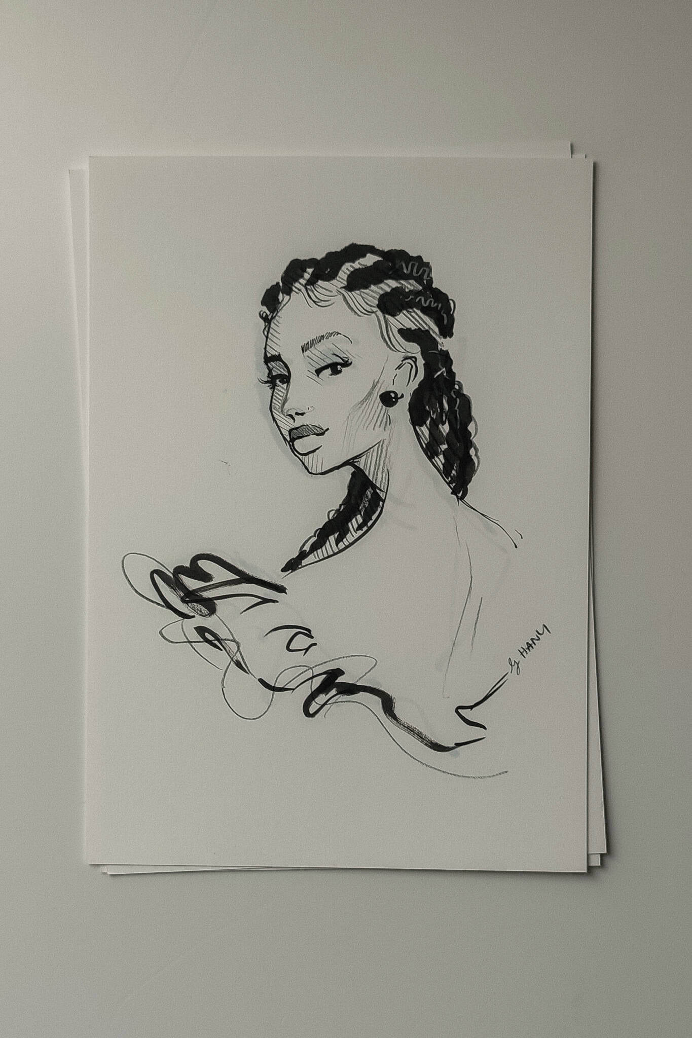 Example sketch of a live event fashion illustration with a portrait fashion style by artist Hanli