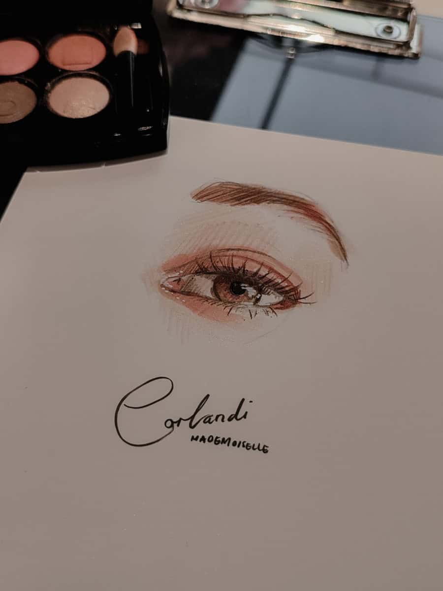 Live In Store Cape Town Chanel Event sketch of a guest's eye using a newly launched Chanel eye shadow palet with markers and pencil. By artist Hanli