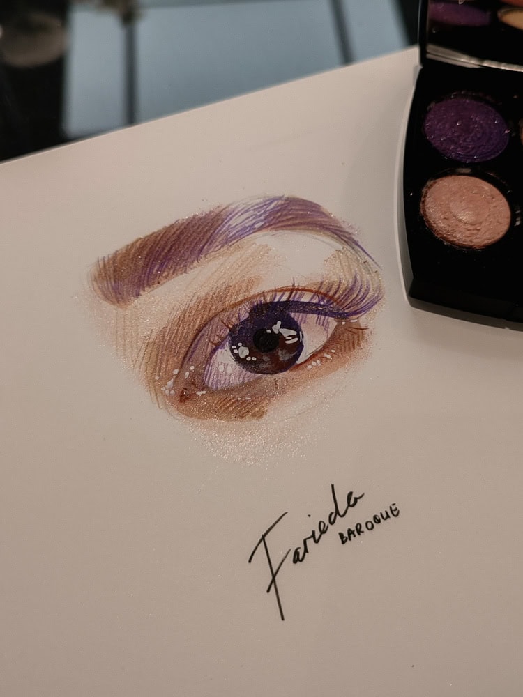 Live In Store Chanel Event sketch of a guest's eye using a newly launched Chanel eyeshadow palette with markers and pencil. In Cape Town by artist Hanli